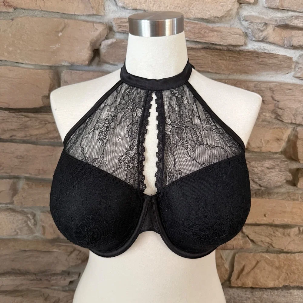 Cacique Black Lace Halter Neck Bra 42DD Underwire Push Up Adjustable Straps - Picture 1 of 6